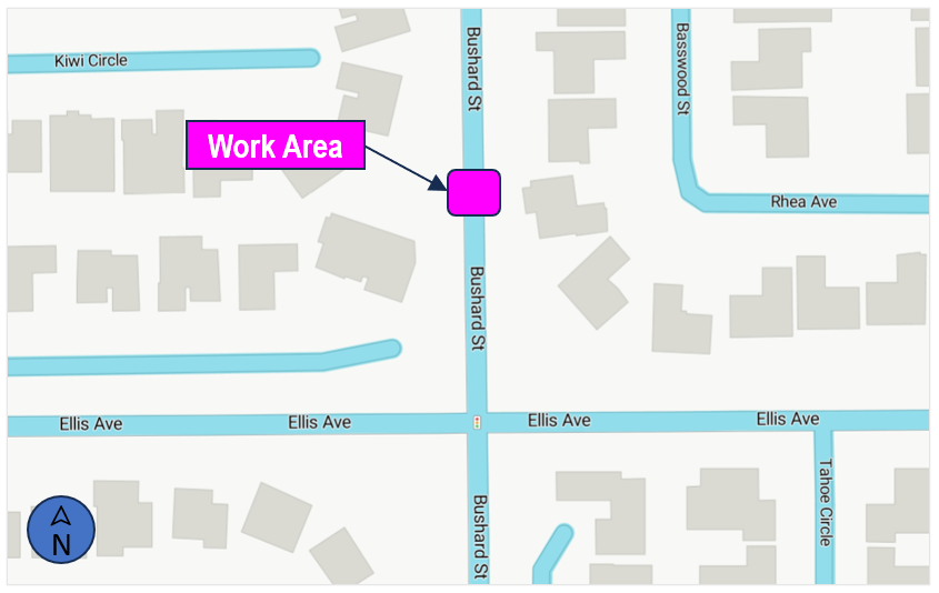 Map showing the work area of the Bushard Diversion Structure project in the City of Fountain Valley on Bushard Street, north of Ellis Avenue. 