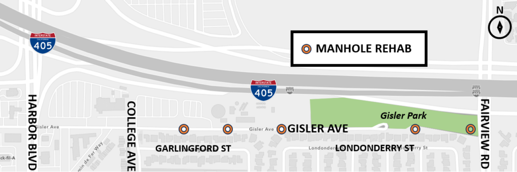 Map of project area showing where the manhole rehab locations are along Gisler Ave. 