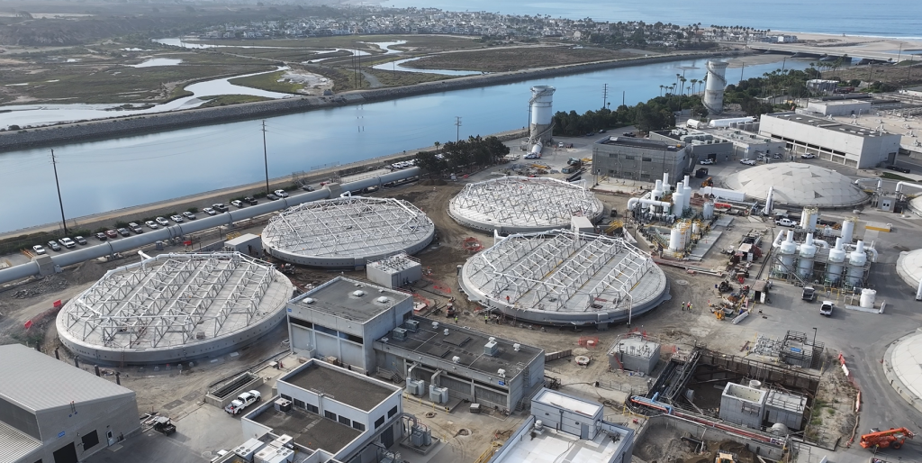 Aerial view of new primary clarifier structures.