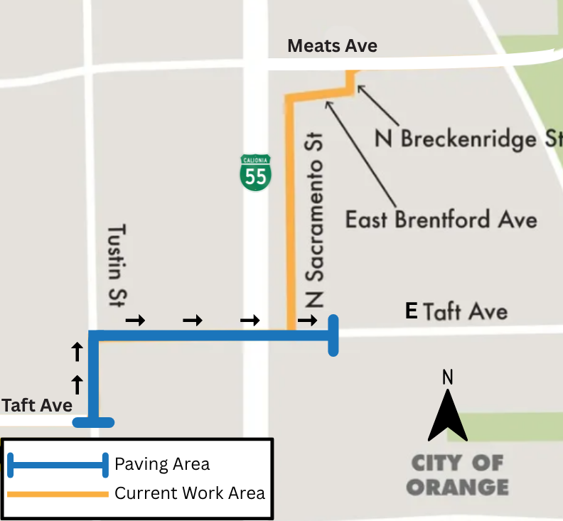 Map showing paving route on Tustin St. and E. Taft Ave.