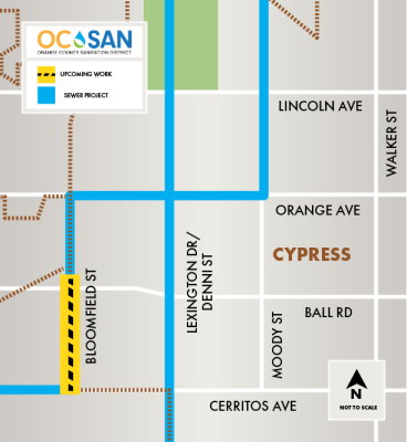 Map of sections of the cities of Cypress and Los Alamitos. Map depicts construction on Bloomfield St. between Ball Rd. and Cerritos Ave.
