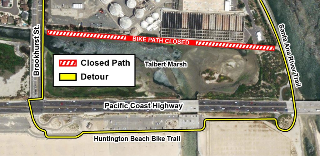 Aerial map showing a closed path marked in red and a detour path marked in yellow. Labels include Brookhurst St, Talbert Marsh, Santa Ana River Trail, Pacific Coast Highway, and Huntington Beach Bike Trail.