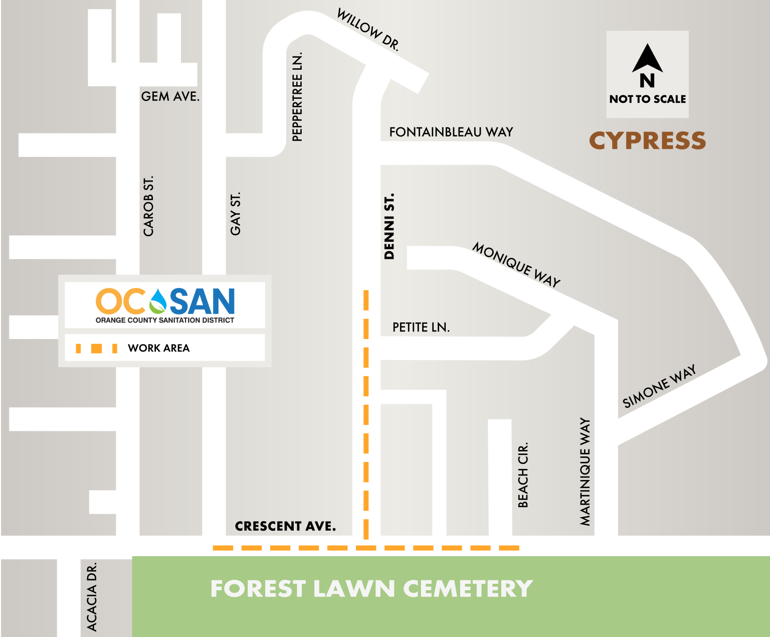 Map showing paving above Forest Lawn Cemetery in the City of Cypress. Work will take place between Gay St. and Beach Cir. on Crescent Ave. Paving will continue on Denni St. between Crescent Ave. and Petite Ln.