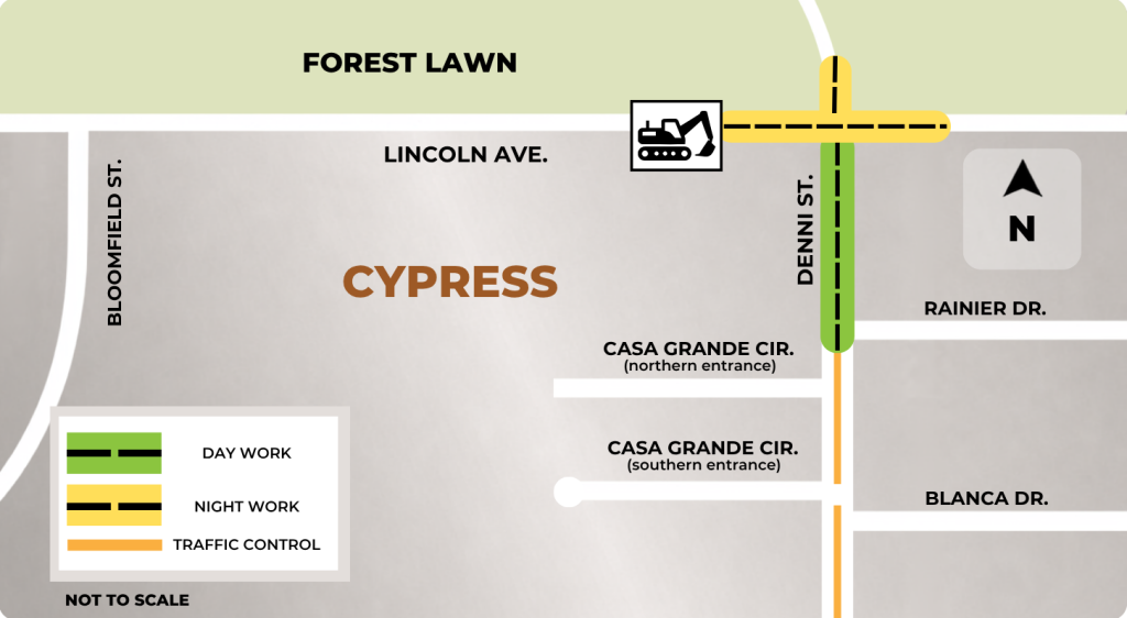 Map of work near the intersection of Denni St. and Lincoln Ave. in the City of Cypress. Work on Lincoln Ave. will take place at night. Work on Denni St. will take place during the day and span from the intersection to Rainer Dr.